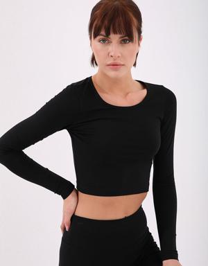Siyah Uzun Kollu Dar Kalıp O Yaka Kadın Crop Top T-Shirt - 97150