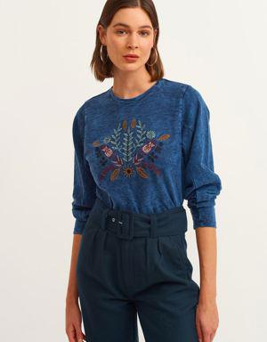 Mavi Nakışlı Crop Sweatshirt