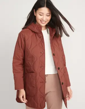 Hooded Quilted Utility Coat for Women red