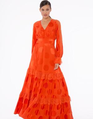 V-Neck, Lace Detailed Orange Long Dress