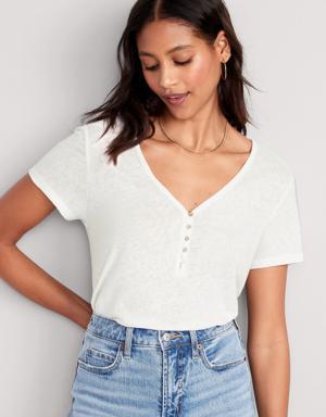 Linen-Blend V-Neck Henley T-Shirt for Women white