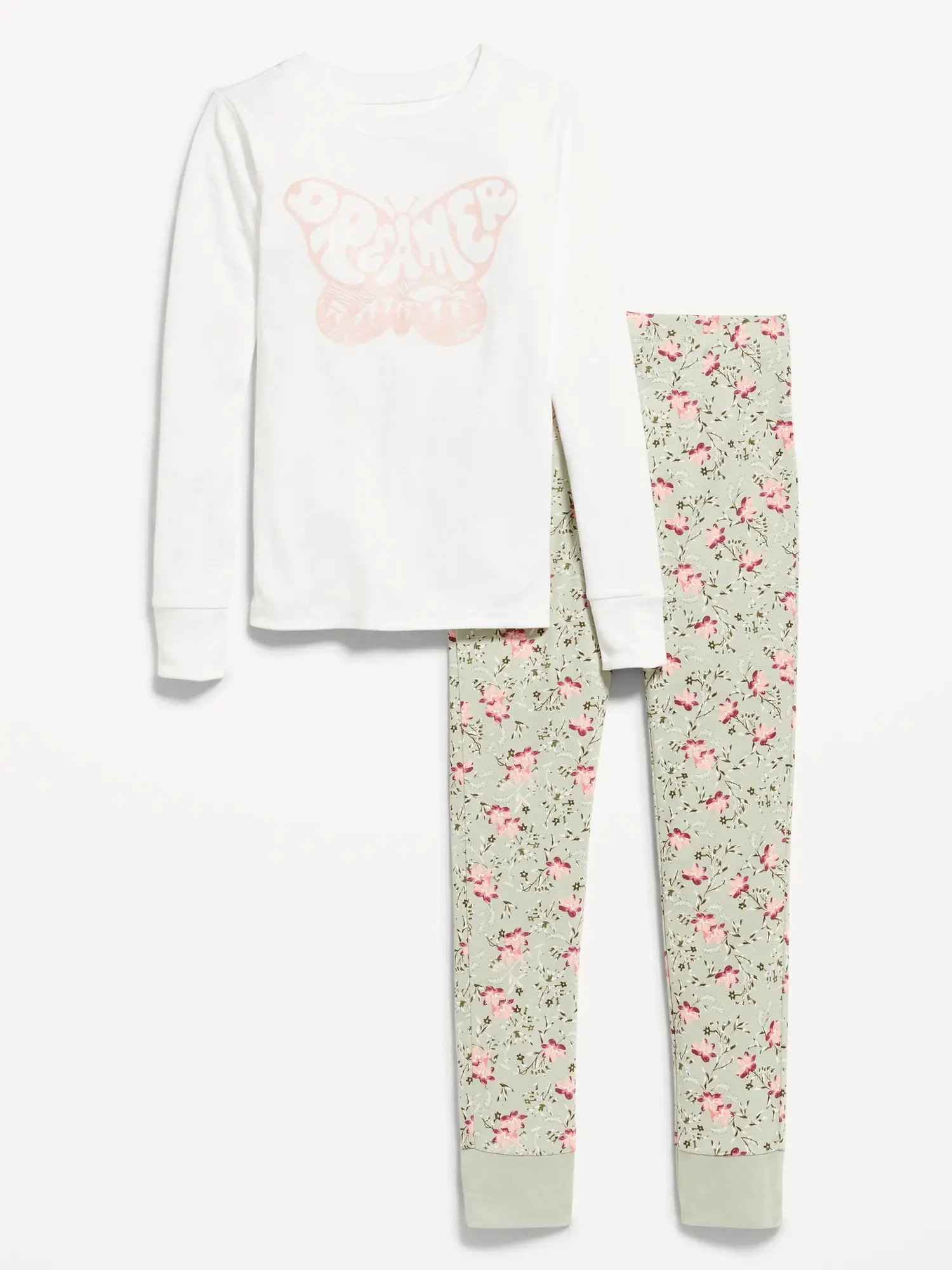 Old Navy Long-Sleeve Snug-Fit Graphic Pajama Set for Girls white. 1