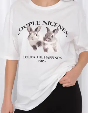 Tavşan Baskılı Oversize T-shirt
