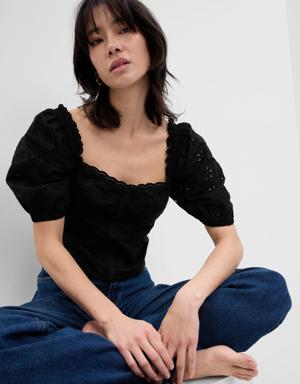 Gap Puff Sleeve Eyelet Shirt black