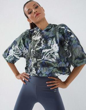 Çağla Batik Desenli Truvakar Kol Kapüşonlu Kadın Oversize Crop Top Sweatwhirt - 97141