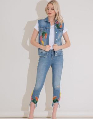Colorful Embroidery And Embroidery Detailed Blue Jean Vest