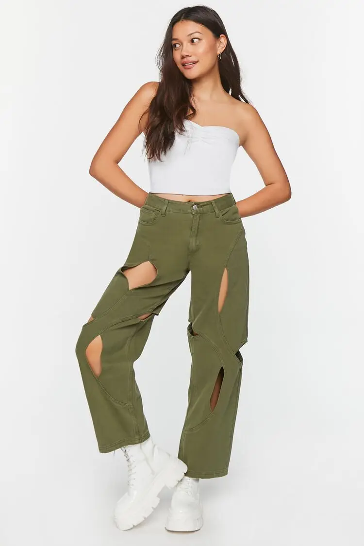 Forever 21 Forever 21 Cutout Straight Leg Jeans Olive. 1