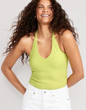 Rib-Knit V-Neck Cropped Halter Top for Women green