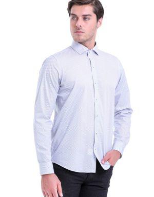 Beyaz Baskılı %100 Pamuk Uzun Kollu Comfort Fit Gömlek