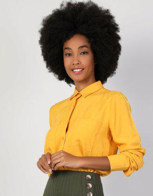 Basic Cepli Regular Fit Kadın Sarı Uzun Kol Gömlek