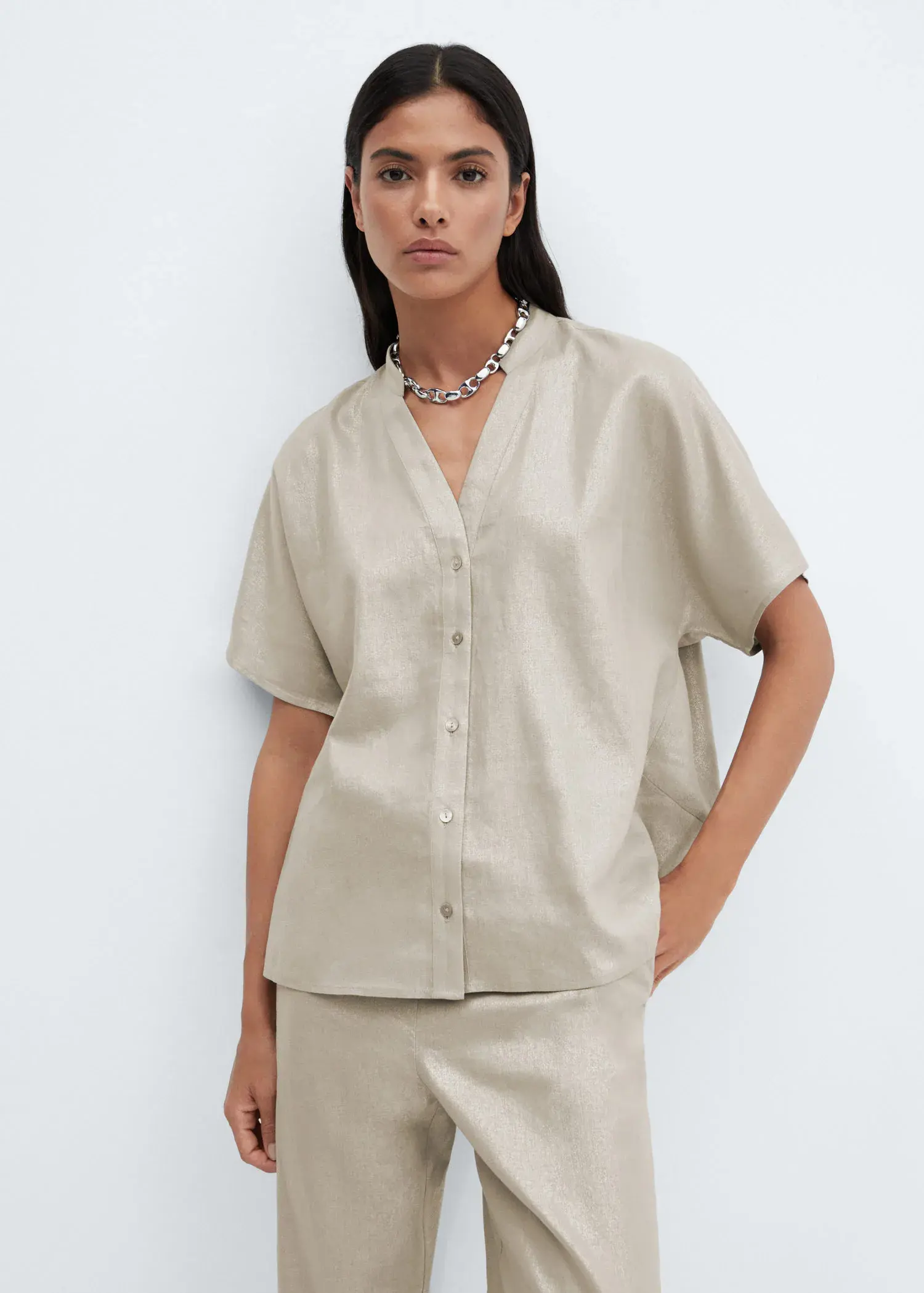 Mango Short sleeve linen-blend shirt. 1