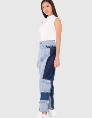 Two-Color Mom Jeans With Embroidery Detail