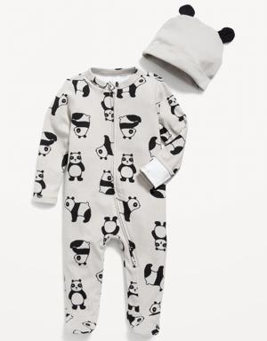 Unisex Sleep & Play 2-Way-Zip Footed One-Piece and Beanie Set for Baby white