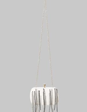 Ecru Bag with Stone Tassel Detail and Chain