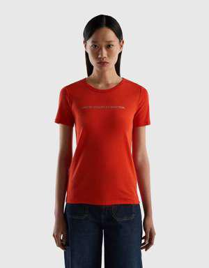 Kadın Kırmızı Benetton Yazılı Basic Tshirt