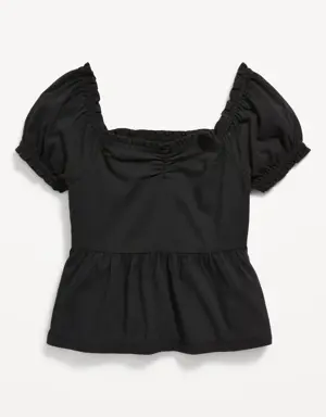Printed Short Puff-Sleeve Smocked Top for Girls black
