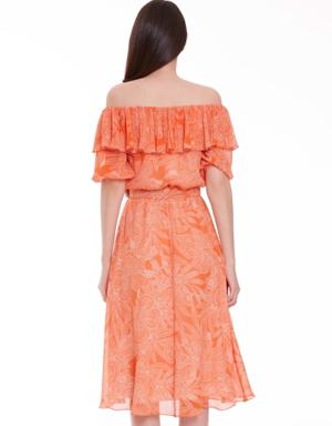 Off-Shoulder Patterned Chiffon Midi Orange Dress