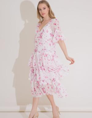 Floral Pattern V-Neck Ruffle Midi Length Pink Dress