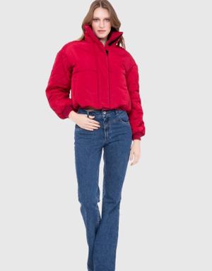 Embroidered Back Short Inflatable Dark Red Coat