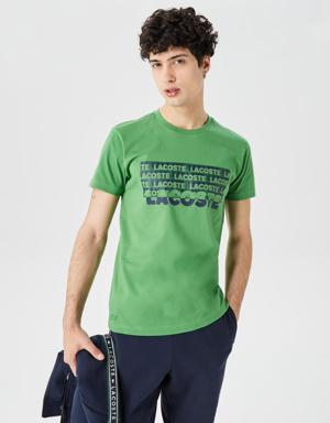 Erkek Slim Fit Bisiklet Yaka Baskılı Yeşil T-Shirt