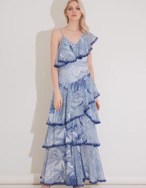 Stripe Detailed Ruffle Long Blue Chiffon Dress