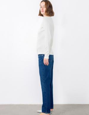 Long Sleeve Basic Ecru Tshirt With Embroidered Collar Detail