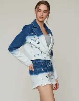 Two Color Washed Stone Embroidered Jean Shorts