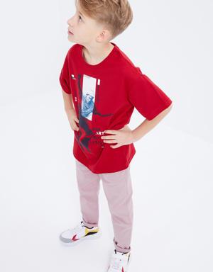 Kırmızı Baskılı Kısa Kollu O Yaka Erkek Çocuk T-Shirt - 10912