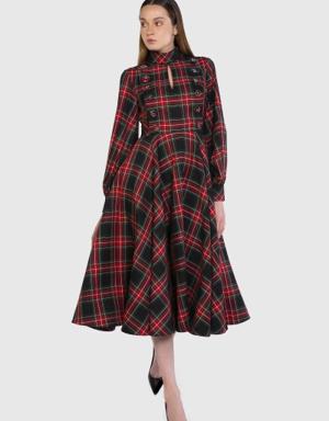Button Detailed Ankle Length Plaid Red Dress