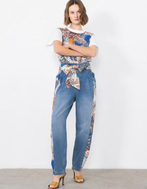 Epaulette Detail Pleated Patterned Belted Jean Pants With Side Band