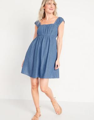 Cap-Sleeve Chambray Cutout Bow-Detailed Mini Swing Dress for Women blue