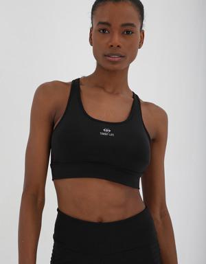 Siyah Çapraz Sırt Detaylı Slim Fit U Yaka Pedli Kadın Spor Büstiyer - 97121