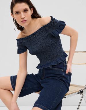 Cropped Ruffle Sleeve Denim Smocked Peplum Top with Washwell blue