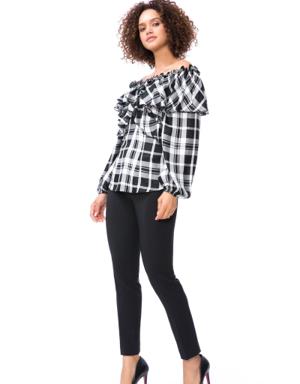 With Ruffle And Flounce Detail Black Plaid Blouse