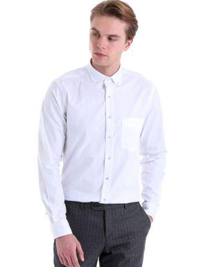 Beyaz Comfort Fit Düz 100% Pamuk Uzun Kol Gömlek