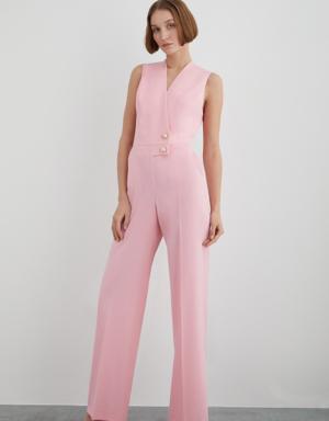 Sleeveless Pink Long Jumpsuit With Pearl And Gold Detail Buttons