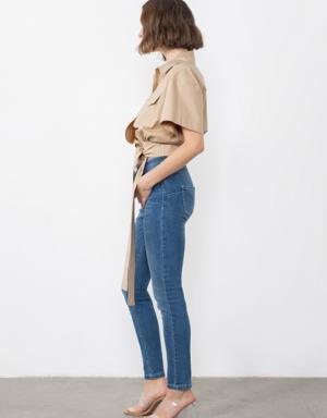 Beige Blouse with Asymmetric Double-breasted Closed Pockets