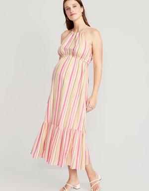 Maternity Waist-Defined Striped Halter Maxi Dress pink