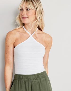 Cropped Smocked Crossover Halter Cami Top for Women white