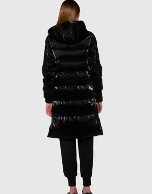 Long Inflatable Black Parka With Knitwear Detailed Fur Hooded