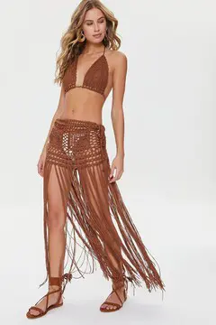 Forever 21 Forever 21 Crochet Bralette &amp; Tassel Maxi Skirt Set Mocha. 2