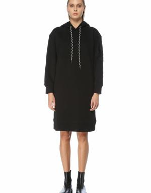 Siyah Kapüşonlu Midi Sweatshirt Elbise