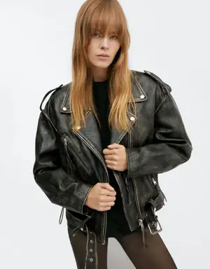 Leather biker oversize jacket