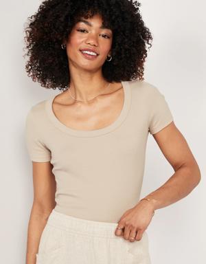 Fitted Scoop-Neck Rib-Knit T-Shirt for Women beige