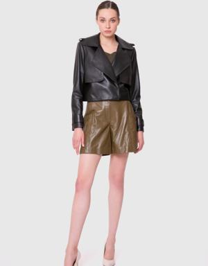 Double Breasted Closure Crop Brown Color Short Leather Jacket