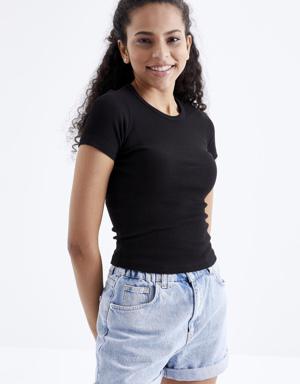 Siyah Basic Kısa Kol O Yaka Kadın T-Shirt - 97202