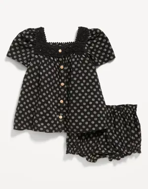 Printed Flutter-Sleeve Top & Bloomer Shorts Set for Baby black