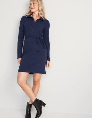 Fitted Rib-Knit Tie-Belt Long-Sleeve Mini Polo Dress for Women blue