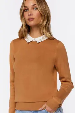 Forever 21 Forever 21 Faux Gem Collar Sweater Camel/White. 2