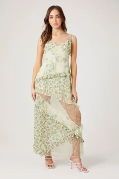 Forever 21 - Forever 21 Tiered Floral Patchwork Maxi Dress Ivory/Multi